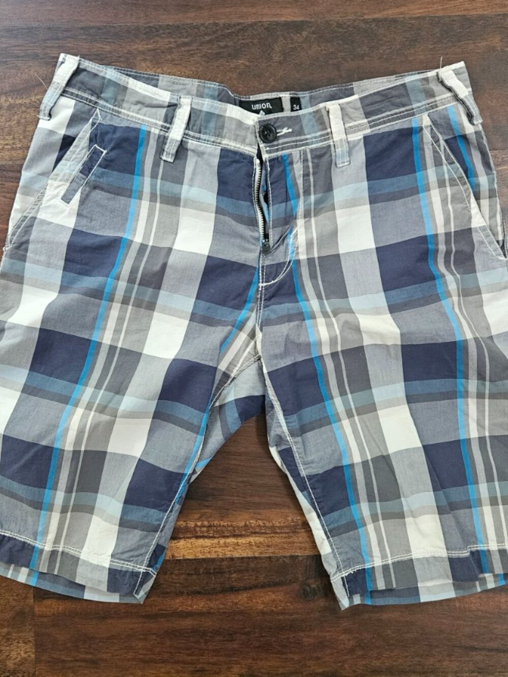 Union Seattle Mens Chino Blue Gray Plaid Shorts Size 34R Preppy
